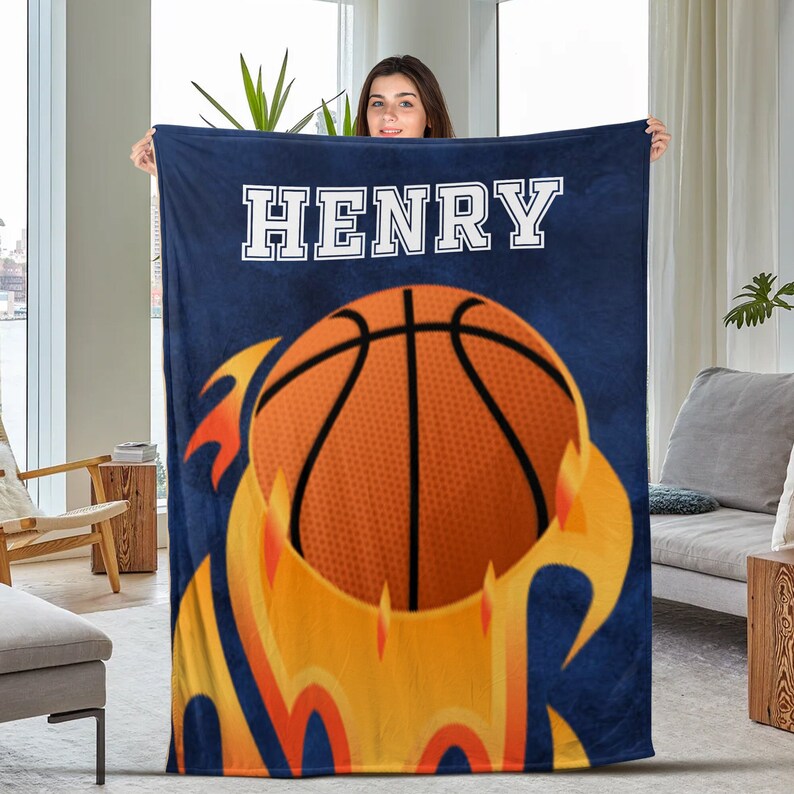 Personalized Basketball Blanket, Custom Name Number Soft Fleece Throw Blankets, Gift for Dad