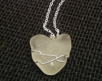 Sea Glass Heart with Sterling Silver Wire and Chain