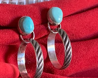 Turquoise and Sterling Silver Hoop Earrings