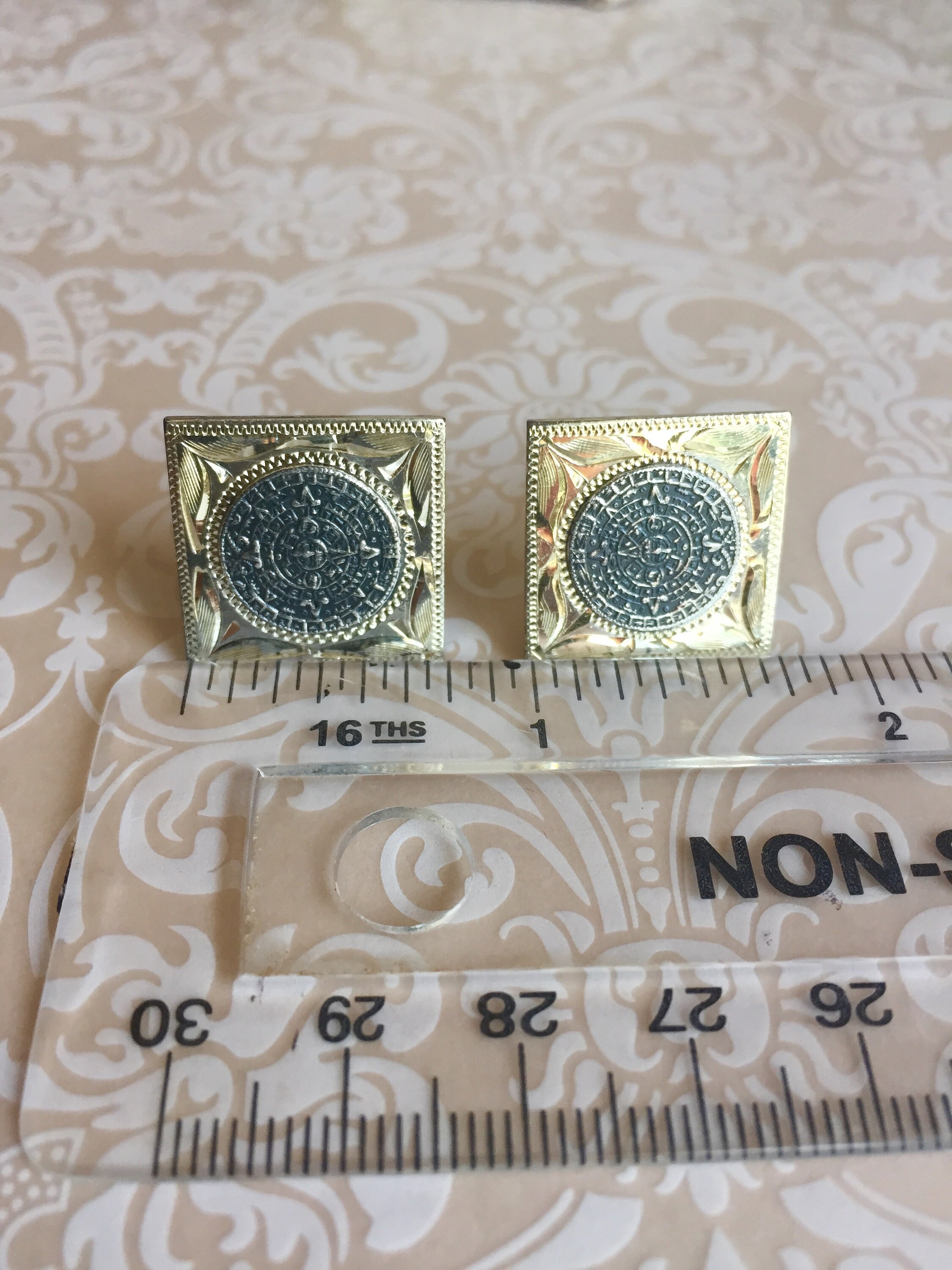 Boutons De Manchette Vintage Argent Sterling .925 - Motif Aztèque/Maya Calendrier - Occasion