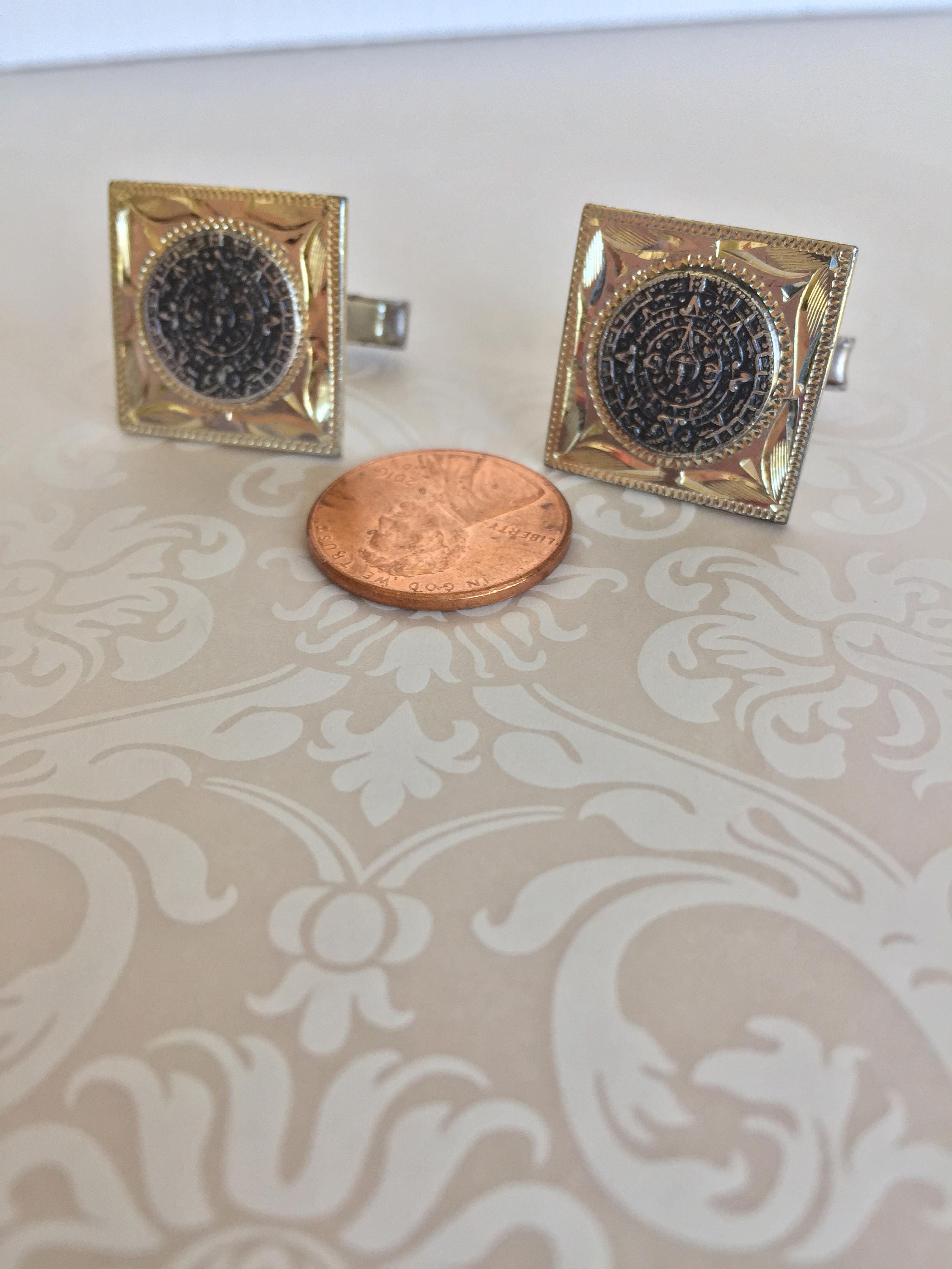 Boutons De Manchette Vintage En Argent Sterling .925 - Motif Aztèque/maya/calendrier, Carrés
