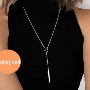 Sterling Silver Y necklace, Silver Lariat Necklace Gold or Silver Layering necklace Bar drop necklace, Circle necklace Womens, Gift for her