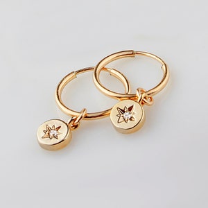 Gold Starburst earrings, Modern Celestial hoop earrings, Simple Sun pendant earrings, Dainty cartilage earring, Delicate earrings, KR1