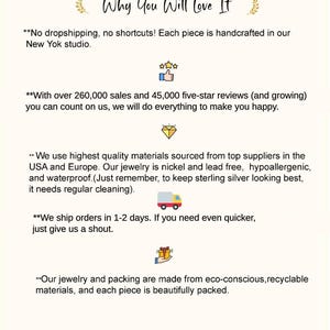 May include: An informational graphic titled Why You Will Love It, featuring text about handcrafted jewelry, 260,000 sales, 45,000 five-star reviews, high-quality nickel-free materials, 1-2 day shipping, and eco-conscious packaging with icons of stars, a diamond, a truck, and a gift.