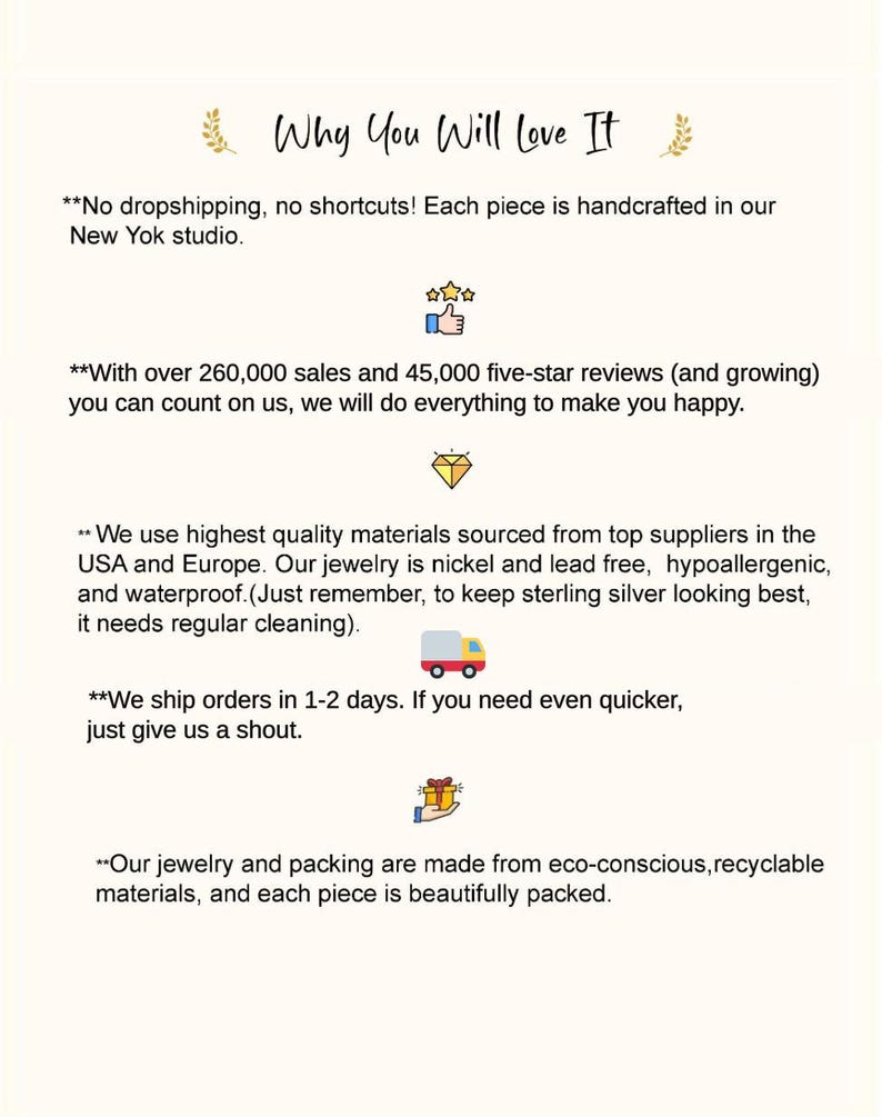 May include: An informational graphic titled Why You Will Love It, featuring text about handcrafted jewelry, 260,000 sales, 45,000 five-star reviews, high-quality nickel-free materials, 1-2 day shipping, and eco-conscious packaging with icons of stars, a diamond, a truck, and a gift.
