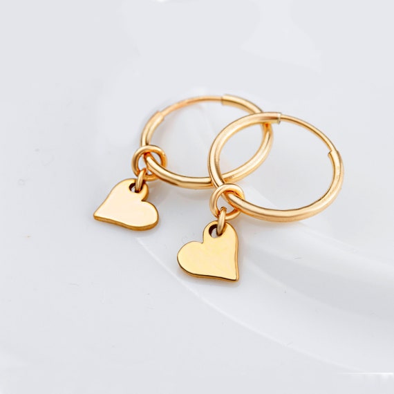 Gold Hoop Earrings, HEART Charm Hoop Earrings, Sterling Silver