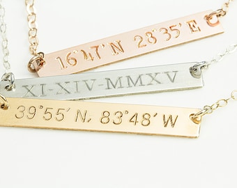 Wedding Date Necklace, Gold Bar Necklace, Roman Numeral Necklace, Initial Bar, Name necklace, Horizontal bar pendant, Monogrammed bar