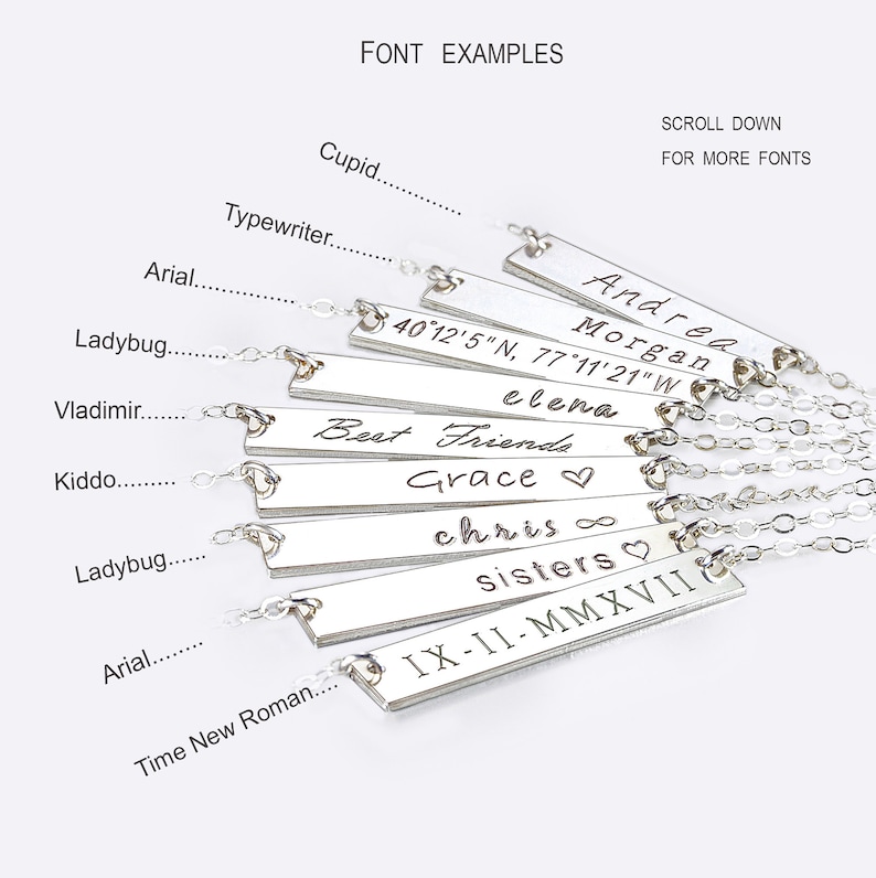 May include: A close-up of a silver chain necklace with multiple silver bar pendants. Each bar pendant has a different inscription, including names, dates, and coordinates. The inscriptions are in various fonts, including Arial, Ladybug, Vladimir, Kiddo, Typewriter, and Cupid.