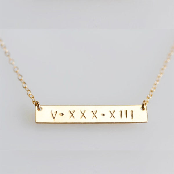 ROMAN NUMERAL NECKLACE, Gold Bar Necklace, Gold Date Bar, Date Necklace, Initial Bar, Name necklace, Horizontal bar pendant, Monogrammed bar