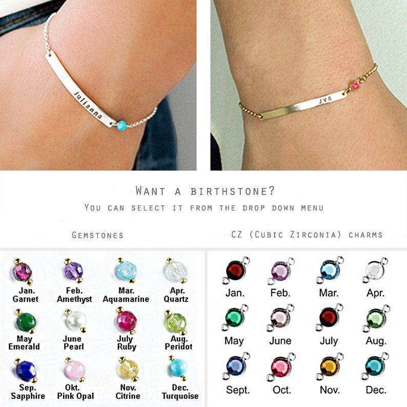 May include: Two silver bracelets with personalized nameplates and birthstone charms. The top bracelet has the name "Julianna" and a turquoise charm. The bottom bracelet has the name "JVG" and a red charm. The image shows a selection of birthstone charms for each month of the year.