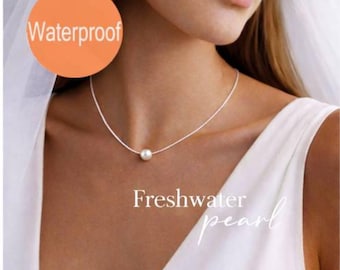 Single Floating Pearl Necklace, Single pearl,  Sterling silver,  Bridal necklace,  Bridesmaids Gift, Wedding jewelry, Gift for her