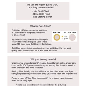 May include: Text explaining the difference between gold-filled and gold-plated jewellery. The text states that gold-filled jewellery contains 1/20 pure gold, which is about 100 times more gold than gold-plated jewellery. The text also states that gold-filled jewellery is good quality, looks like real gold, but is more affordable. A diagram shows a gold-filled circle and a gold-plated circle.
