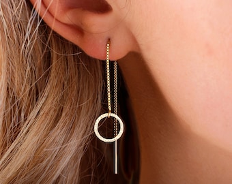 Threader Earrings, Chain earrings with Circle, Simple Drop earrings, Sterling Silver, Gold filled earrings, Elegant Open circle earrings 9mm