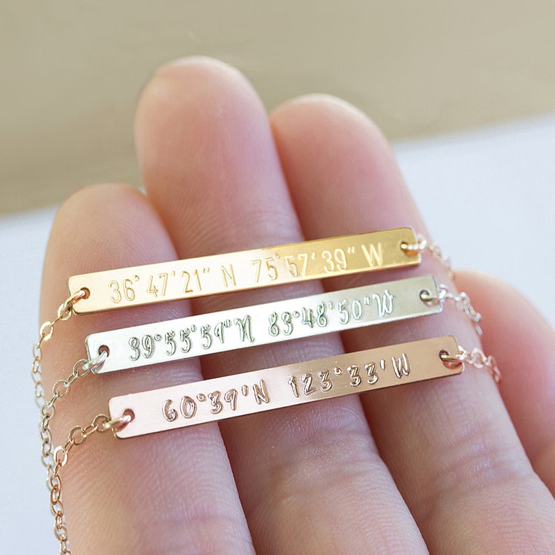Custom coordinates necklace, Engraved Coordinates bar necklace Personalized Bridesmaids gift Coordinate jewelry Location necklace Bridesmaid image 3