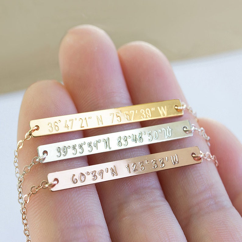 Custom Coordinates Necklace Engraved Coordinates Bar Necklace Etsy
