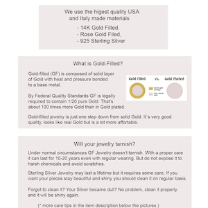May include: Text explaining the difference between gold-filled and gold-plated jewelry. The text states that gold-filled jewelry contains 1/20 pure gold, which is about 100 times more gold than gold-plated jewelry. The text also states that gold-filled jewelry is a good quality, looks like real gold, but is more affordable. A diagram shows a gold-filled circle and a gold-plated circle.