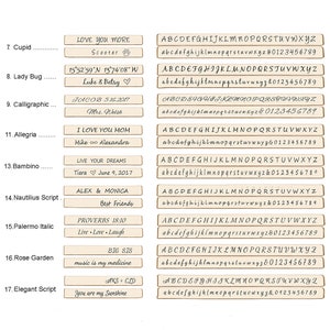May include: A collection of 10 different font styles for rubber stamps. Each stamp features a different font style and a personalised message. The fonts include Cupid, Lady Bug, Calligraphic, Allegria, Bambino, Nautilius Script, Palermo Italic, Rose Garden, and Elegant Script. The stamps are all beige with brown lettering.