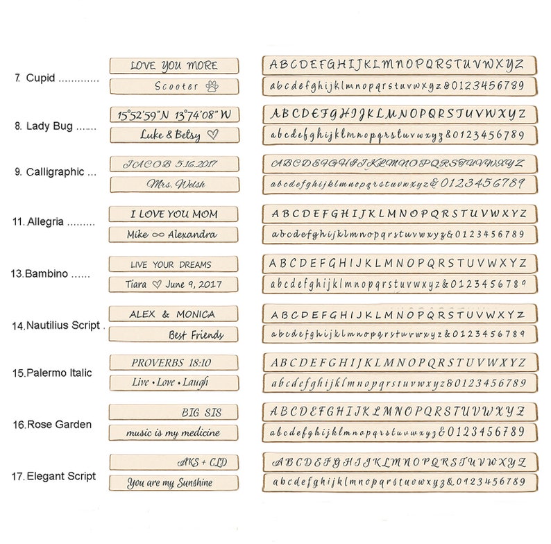 May include: A collection of 10 different font styles for rubber stamps. Each stamp features a different font style and a personalised message. The fonts include Cupid, Lady Bug, Calligraphic, Allegria, Bambino, Nautilius Script, Palermo Italic, Rose Garden, and Elegant Script. The stamps are all beige with brown lettering.