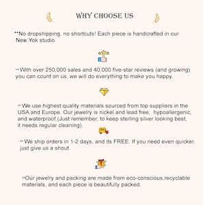May include: Why Choose Us? Text graphic with five reasons to buy from this shop.  Handcrafted jewelry, over 250,000 sales, high quality materials, free shipping, and eco-conscious packaging.