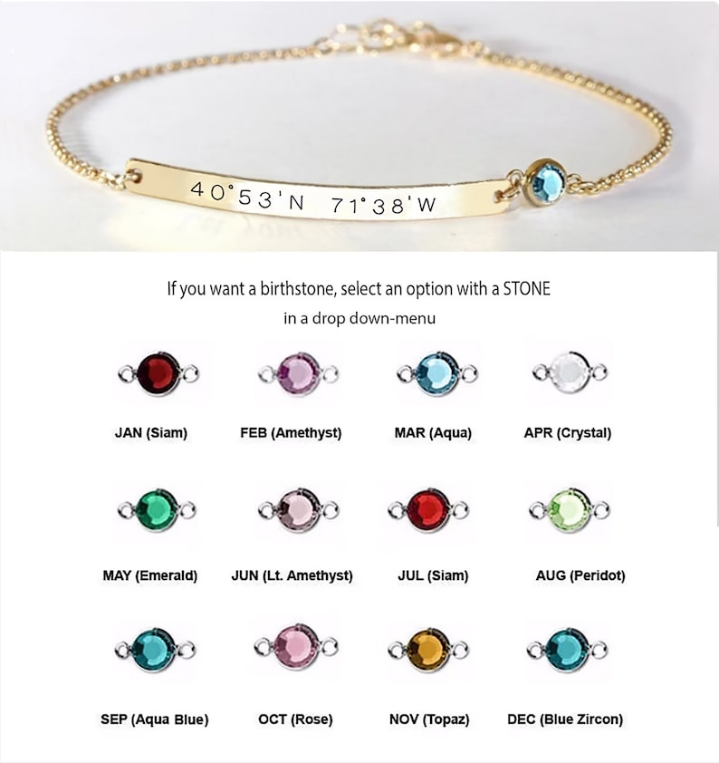 May include: A gold-tone chain bracelet featuring a horizontal bar engraved with the coordinates 40&deg;53'N 71&deg;38'W and a single round blue gemstone. Below, a chart displays twelve different colored birthstones labeled by month.