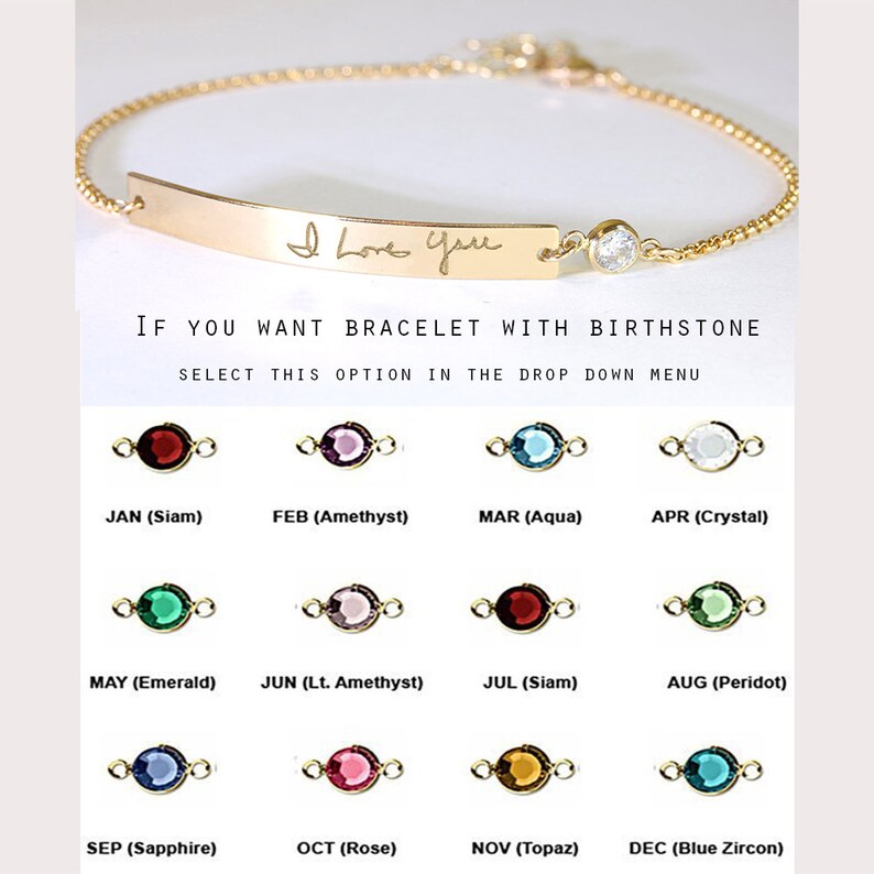 May include: A gold-tone chain bracelet with a horizontal bar engraved with the text I Love You and a single round clear stone. Below, a chart displays twelve circular birthstones labeled by month and color, including Siam, Amethyst, Aqua, and Crystal.