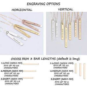 May include: A graphic showing engraving options for a bar necklace. The options include horizontal and vertical engraving. The bar necklace is available in three lengths: long (40x4 mm), medium (35x4 mm), and short (30x4 mm). The long bar can fit up to 25 characters, the medium bar can fit up to 20 characters, and the short bar can fit up to 15 characters.