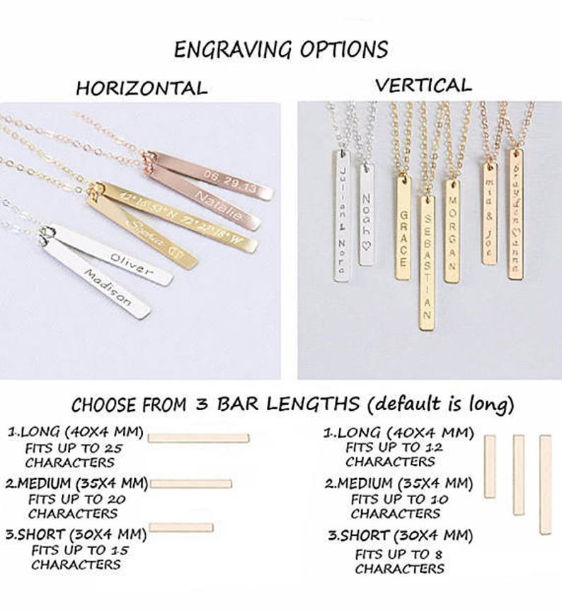 May include: A graphic showing engraving options for a bar necklace. The options include horizontal and vertical engraving. The bar necklace is available in three lengths: long (40x4 mm), medium (35x4 mm), and short (30x4 mm). The long bar can fit up to 25 characters, the medium bar can fit up to 20 characters, and the short bar can fit up to 15 characters.