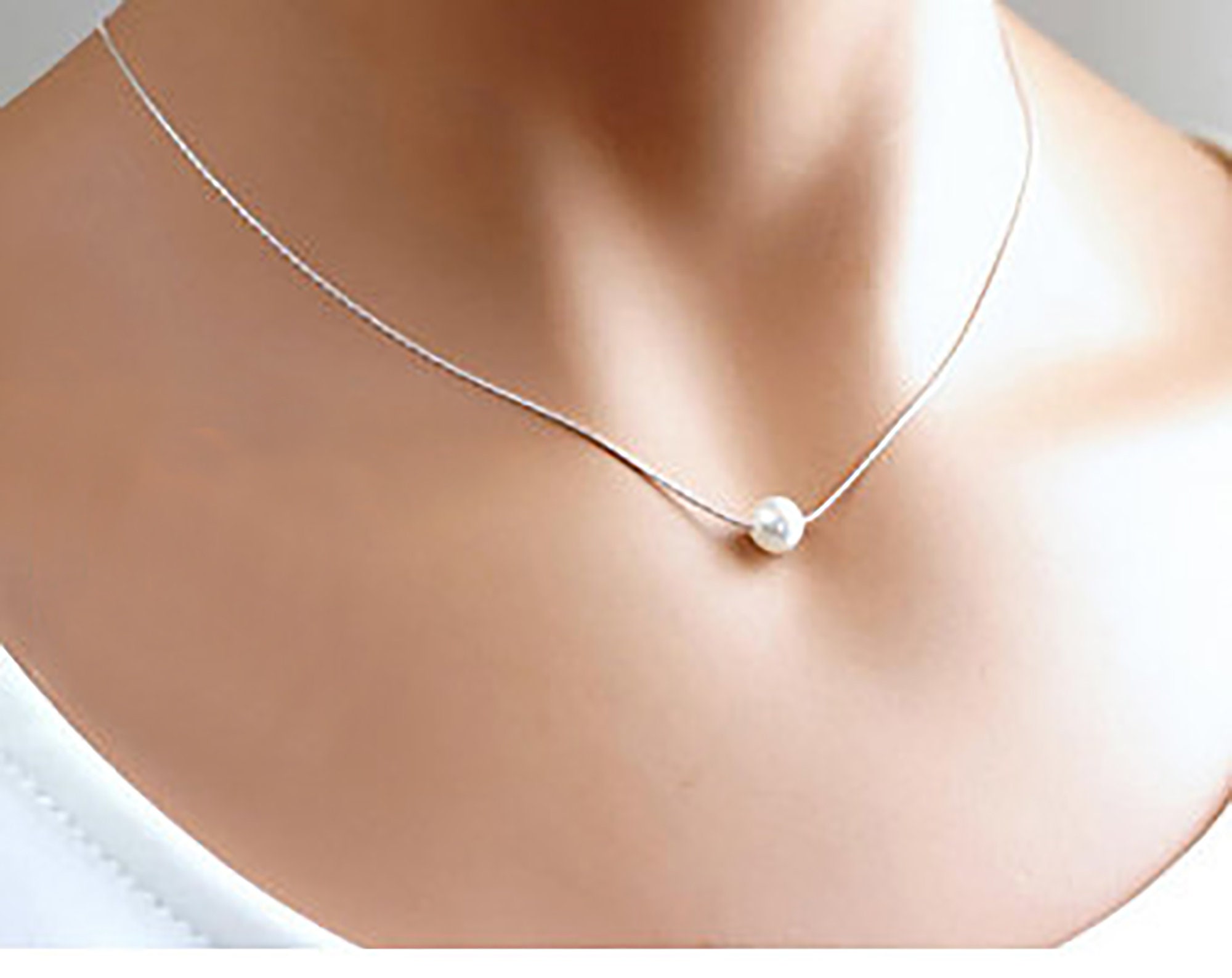 Single Floating Pearl Necklace Single Pearl Sterling Etsy