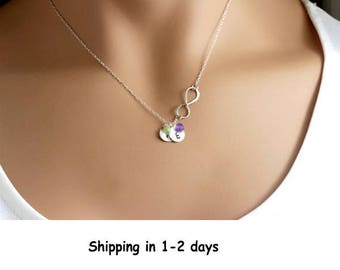 Personalized Infinity Necklace, Mothers Family Necklace with initial discs Mothers day gift Mothers Birthstone Necklace Grandma Silver Gold