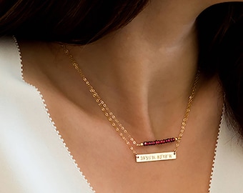 Personalized Gold Bar Necklace, Engraved Custom Name Necklace, Rose Gold Bar Monogram, Roman Numerals necklace Coordinates Bridesmaid gift