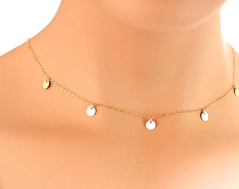 Tiny Gold Coin necklace, Multiple Gold Disc necklace, Layered Gold circle necklace, Gold disc choker, Delicate Everyday Jewelry, Mothers