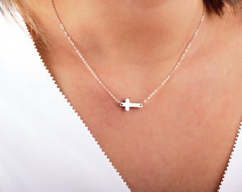Dainty Cross necklace,  Small Sideways Cross necklace, Elegant Offside Cross, Delicate and Stylish Cross necklace, Women Cross necklace