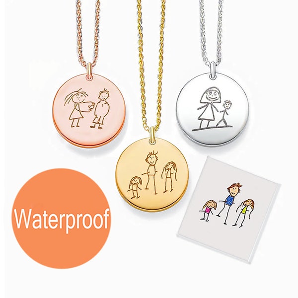Children's art necklace Personalized, Custom drawing on DISC, Actual Kids drawing, Childrens artwork Engraved, Child drawing Replica on Disc