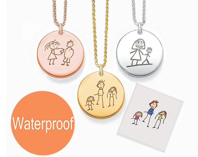 Children's art necklace Personalized, Custom drawing on DISC, Actual Kids drawing, Childrens artwork Engraved, Child drawing Replica on Disc