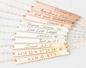 Personalized Bar Necklace Gold Engraved necklace Name Nameplate Necklace Roman numerals Wedding date necklace Coordinates necklace Kids name