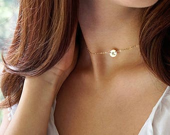 Gold choker necklace, Initial disc choker, Dainty chain choker personalized, Custom initial choker, Gold filled Silver choker Rose gold