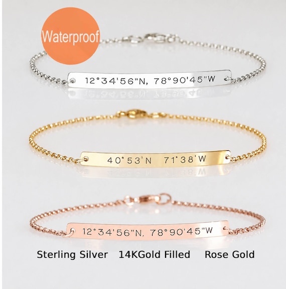 Coordinate bracelet, Sterling silver bar bracelet, Wedding gift, Engraved location, Longitude Latitude, Bridesmaid bracelet, Gift for women