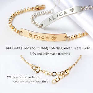 May include: Two gold-filled bracelets with personalised nameplates. The top bracelet has the name "ALICE" with a heart charm. The bottom bracelet has the name "Grace" with a flower charm. Both bracelets have adjustable lengths.