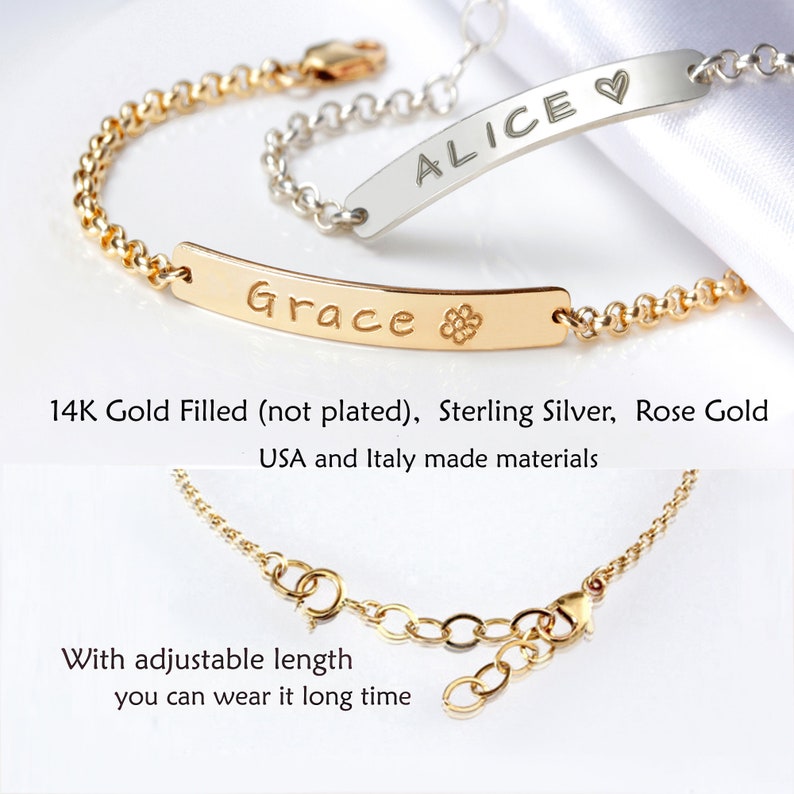 May include: Two gold-filled bracelets with personalised nameplates. The top bracelet has the name "ALICE" with a heart charm. The bottom bracelet has the name "Grace" with a flower charm. Both bracelets have adjustable lengths.