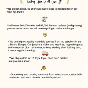 May include: An informational graphic titled Why You Will Love It, featuring text about handcrafted jewelry, 260,000 sales, 45,000 five-star reviews, high-quality nickel-free materials, 1-2 day shipping, and eco-conscious packaging with icons of stars, a diamond, a truck, and a gift.