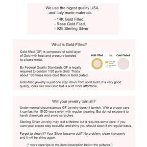 May include: An informational graphic titled Our Materials detailing jewelry composition. It lists 14K Gold Filled, Rose Gold Filled, and 925 Sterling Silver. It explains Gold-Filled versus Gold Plated, and provides care instructions for jewelry.