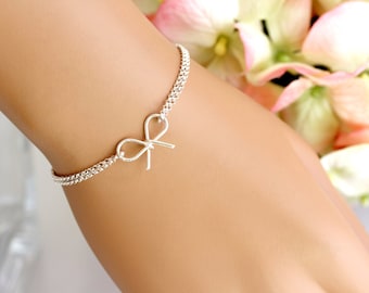 Bridesmaid Gift, Bridesmaid bracelet, Bow bracelet, Sterling Silver Bow Bracelet, Gold or Rose Gold Bow Bracelet, Tie the Knot Bracelet