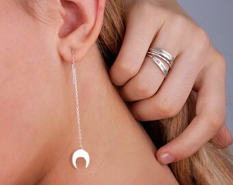 Sterling Silver Threader earrings, Crescent Moon Dangle earrings, Long chain 14K Gold filled Ear Threader, Celestial Jewelry, Gift for women