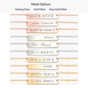 May include: A set of eight silver, gold, and rose gold bar necklaces with different engravings. The engravings include coordinates, names, dates, and phrases like "Best Friends".