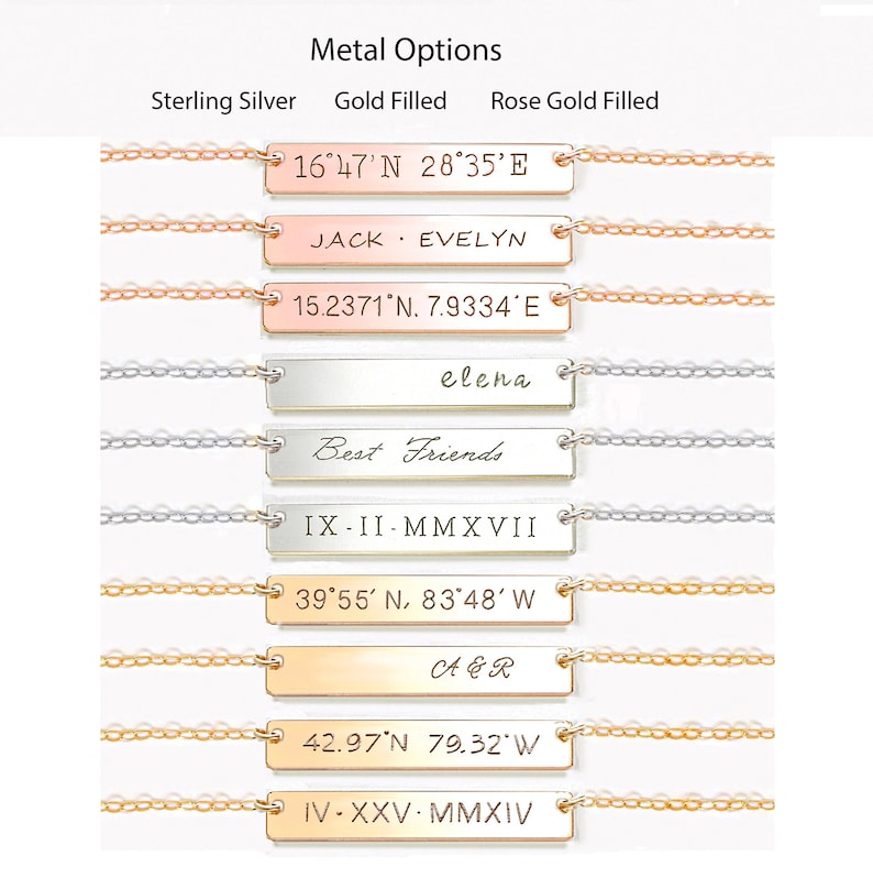 May include: A set of eight silver, gold, and rose gold bar necklaces with different engravings. The engravings include coordinates, names, dates, and phrases like "Best Friends".