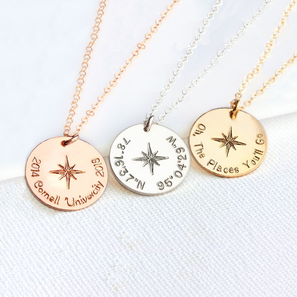 Graduation gifts, Compass necklace, North star necklace, Long Distance Gift, Personalized Jewelry, Custom necklace