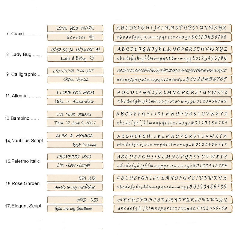 May include: A collection of 10 different font styles for rubber stamps. Each stamp features a different font style and a personalized message. The fonts include Cupid, Lady Bug, Calligraphic, Allegria, Bambino, Nautilius Script, Palermo Italic, Rose Garden, and Elegant Script. The stamps are all beige with brown lettering.