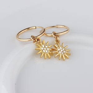 Gold SUN charm earrings, Celestial Huggie hoop earrings, Tiny closed hoops, Boho Earrings, cubic zirconia earrings, TK-11-CZ