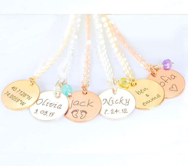 Personalized disc necklace, Engraved kids names necklace, Mom gold or silver initial disc necklace, Custom Birthstone necklace, Mothers day image 8