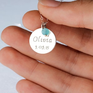 Custom disc necklace engraved with kids names and birthdays, Baby Name necklace in Gold, Rose gold and sterling silver, New mom necklace